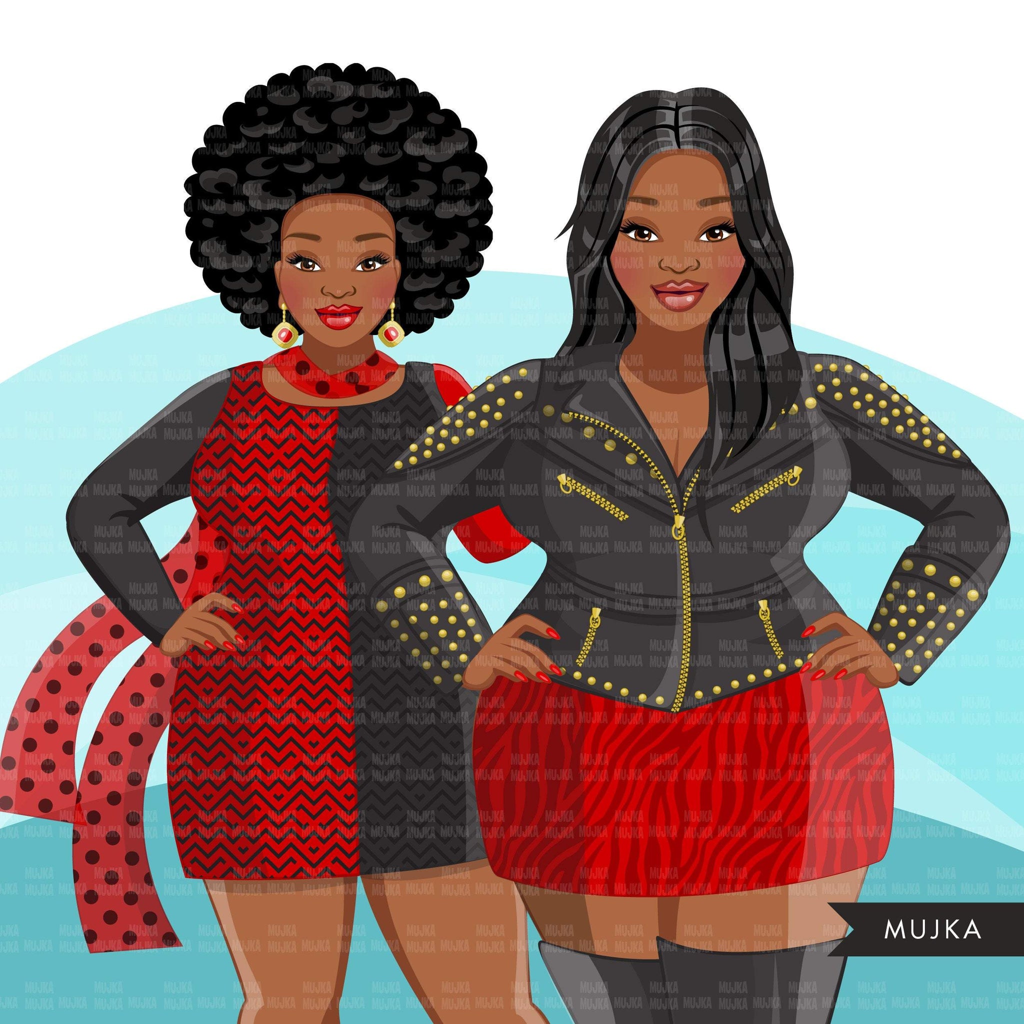 Fashion Clipart, Black curvy woman, black red dress, sister, friends, sisterhood Sublimation design for Cricut & Cameo commercial use PNG