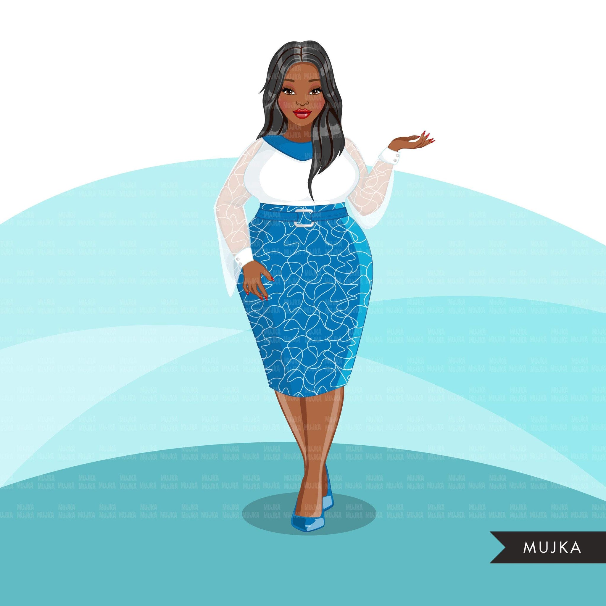 Fashion Clipart, Curvy Black woman graphics, blue dress, sisters, friends, sisterhood Sublimation for Cricut & Cameo, commercial use PNG