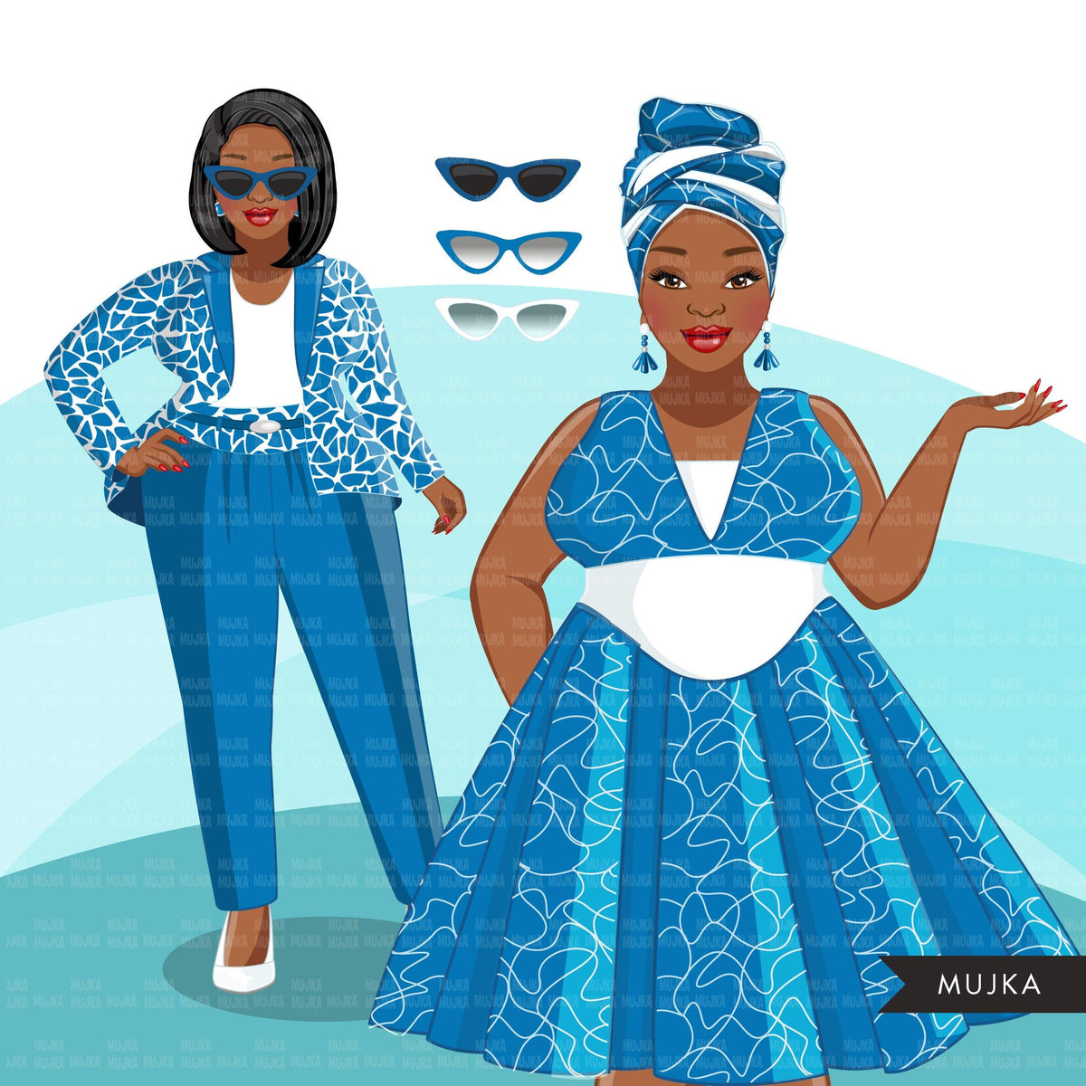 Fashion Clipart, Curvy Black woman graphics, blue dress, sisters, frie ...