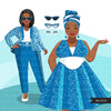 Clipart de moda, gráficos de mulher negra curvilínea, vestido azul, irmãs, amigos, irmandade Sublimação para Cricut &amp; Cameo, uso comercial PNG