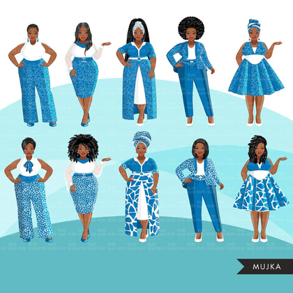 Fashion Clipart, Curvy Black woman graphics, blue dress, sisters, friends, sisterhood Sublimation for Cricut & Cameo, commercial use PNG
