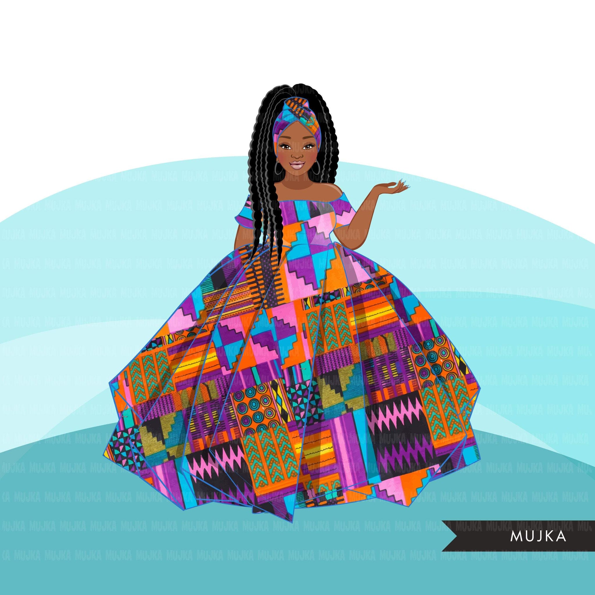 Ankara Fashion Graphics, Kente African dress, curvy black woman Sublimation designs for Cricut & Cameo, commercial use PNG clipart
