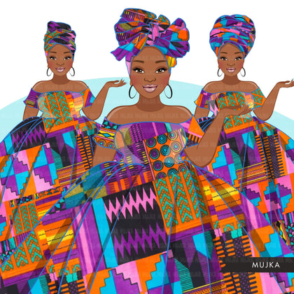 Ankara Fashion Graphics, Kente African dress, curvy black woman Sublimation designs for Cricut & Cameo, commercial use PNG clipart