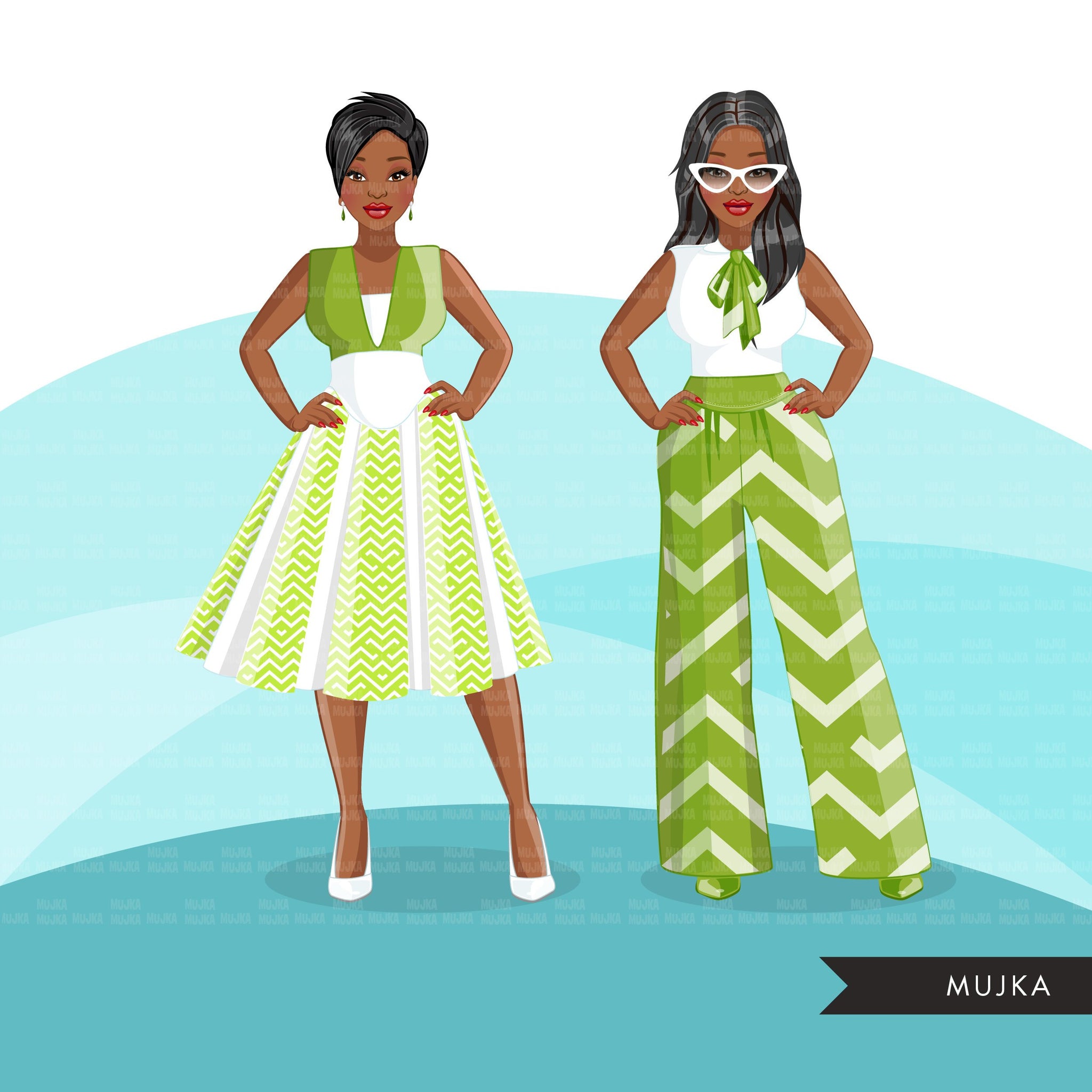 Fashion Clipart, Black woman graphics, green dress, sisters, friends, sisterhood Sublimation designs for Cricut & Cameo, commercial use PNG