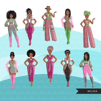 Fashion Clipart, Black woman graphics, green pink, sisters, friends, sisterhood Sublimation designs for Cricut & Cameo, commercial use PNG