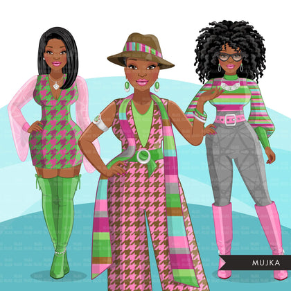 Fashion Clipart, Black woman graphics, green pink, sisters, friends, sisterhood Sublimation designs for Cricut & Cameo, commercial use PNG