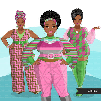 Fashion Clipart, curvy Black woman, green pink, sisters, friends, sisterhood Sublimation designs for Cricut & Cameo, commercial use PNG