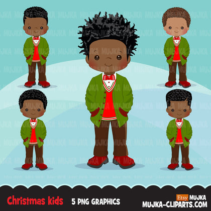 Christmas Clipart, black boy christmas outfit, Noel graphics, Holiday afro characters, png sublimation digital clip art
