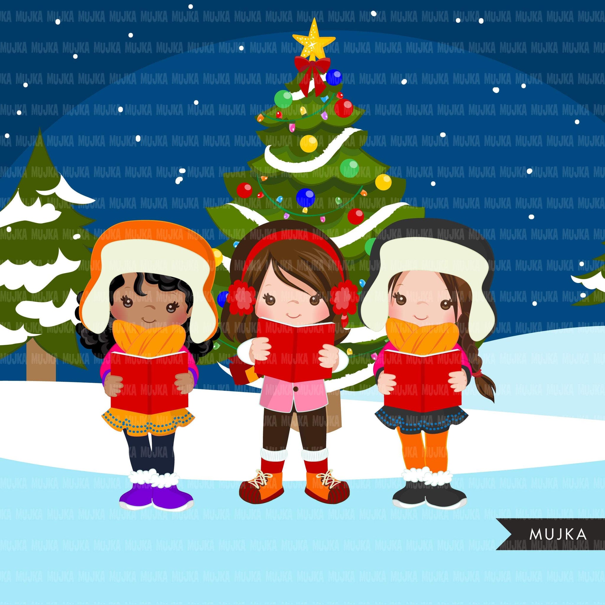 Christmas Carol clipart, Christmas caroler girl, black girls, Christmas tree, holiday png clip art, commercial use sublimation graphics