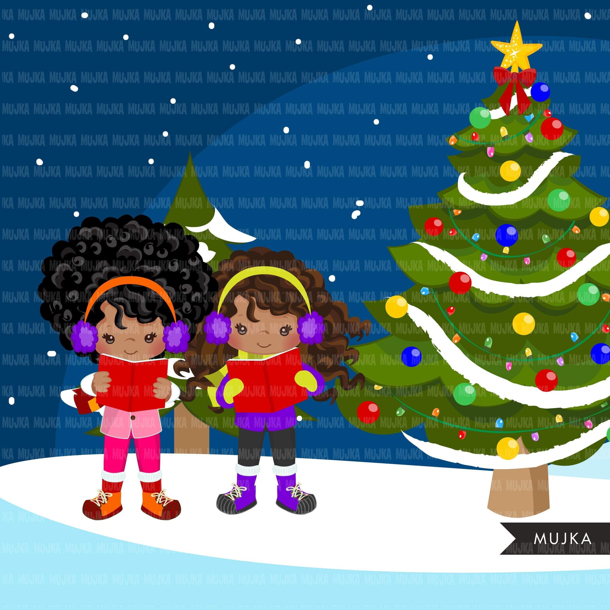 Christmas Carol clipart, Christmas caroler girl, black girls, Christmas tree, holiday png clip art, commercial use sublimation graphics