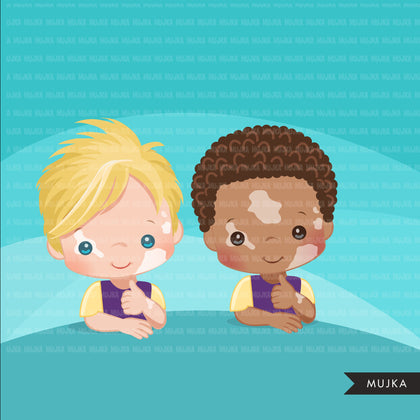 Special Needs Vitiligo clipart, autoimmune disease, marble skin boy, afro black boy png digital sublimation clip art