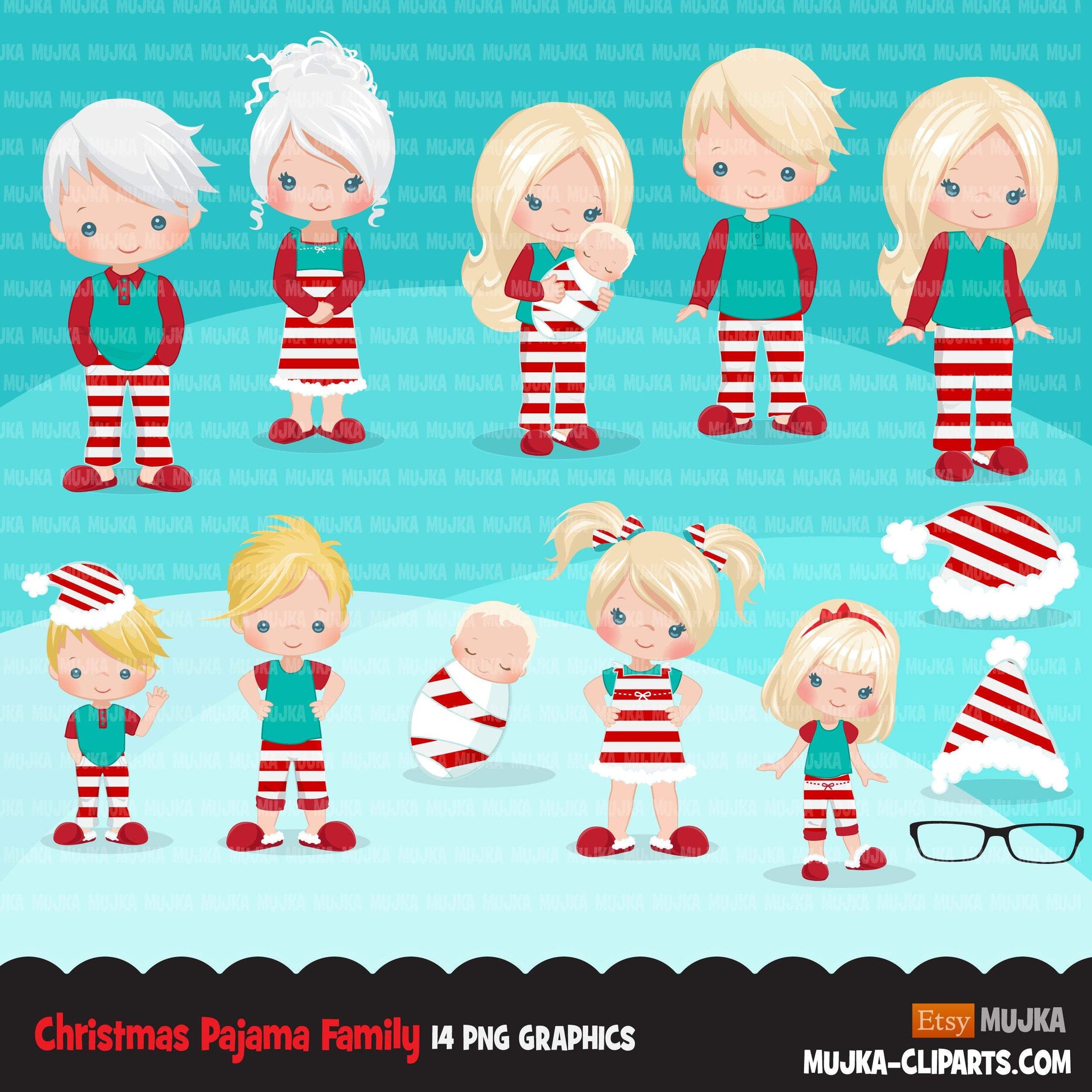 Christmas pajama clipart bundle, Noel Illustrations, pajama family, commercial use graphics, make your own family, Png sublimation clip art