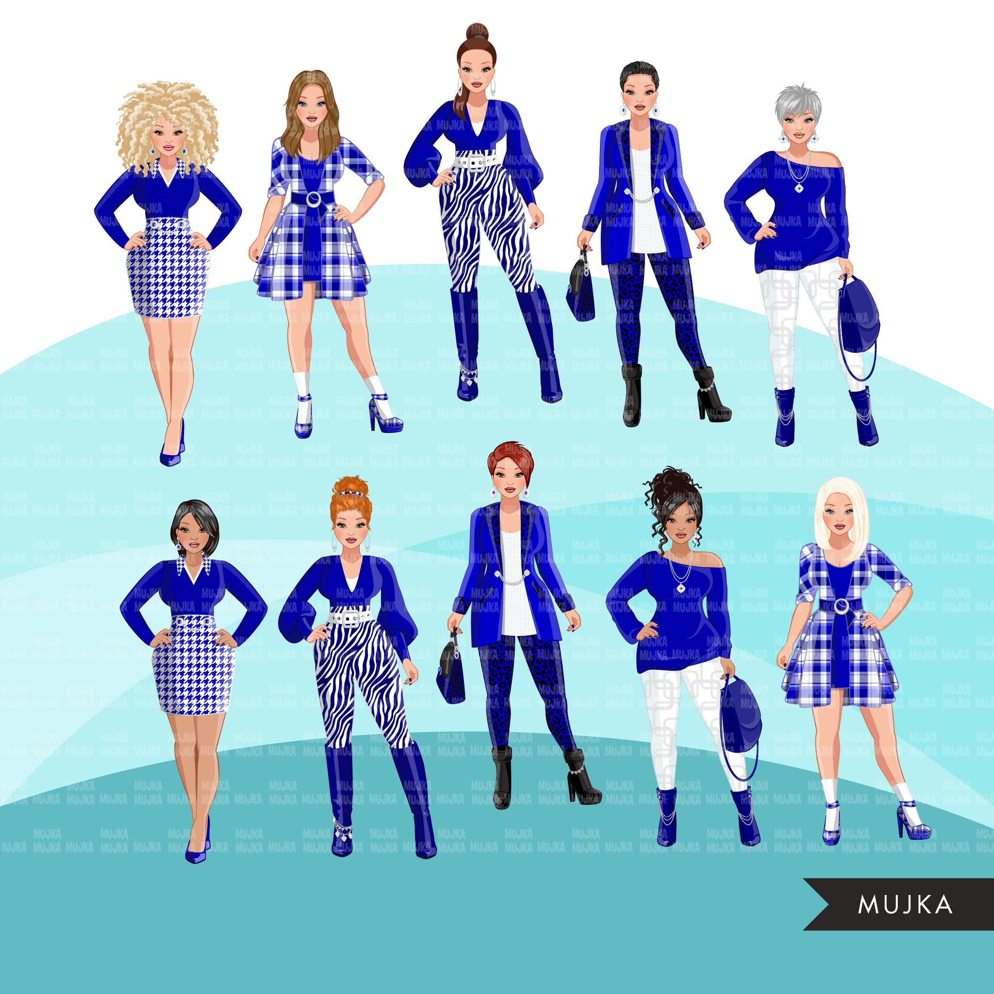 Fashion Clipart, woman graphic, Royal blue white, sisters, friends, sisterhood Sublimation designs for Cricut & Cameo, commercial use PNG