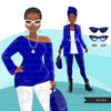 Fashion Clipart, Black woman graphics, royal blue white, sisters, friends, sisterhood Sublimation designs for Cricut & Cameo, commercial PNG