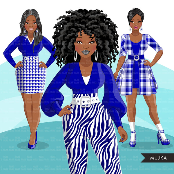 Fashion Clipart, Black woman graphics, royal blue white, sisters, frie ...