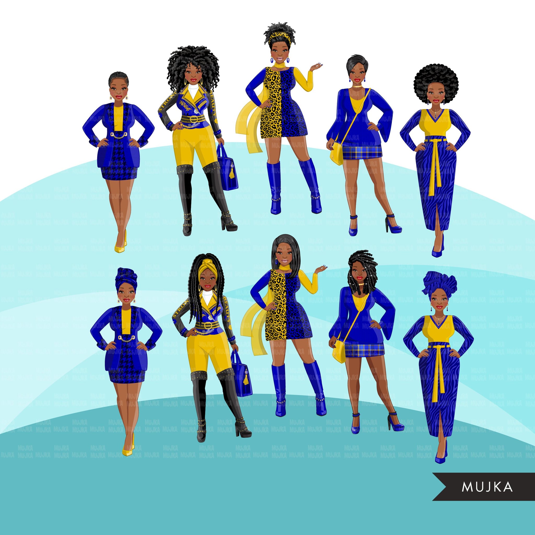 Fashion Clipart, Black woman graphics, royal blue gold, sisters, friends, sisterhood Sublimation designs for Cricut & Cameo, commercial PNG