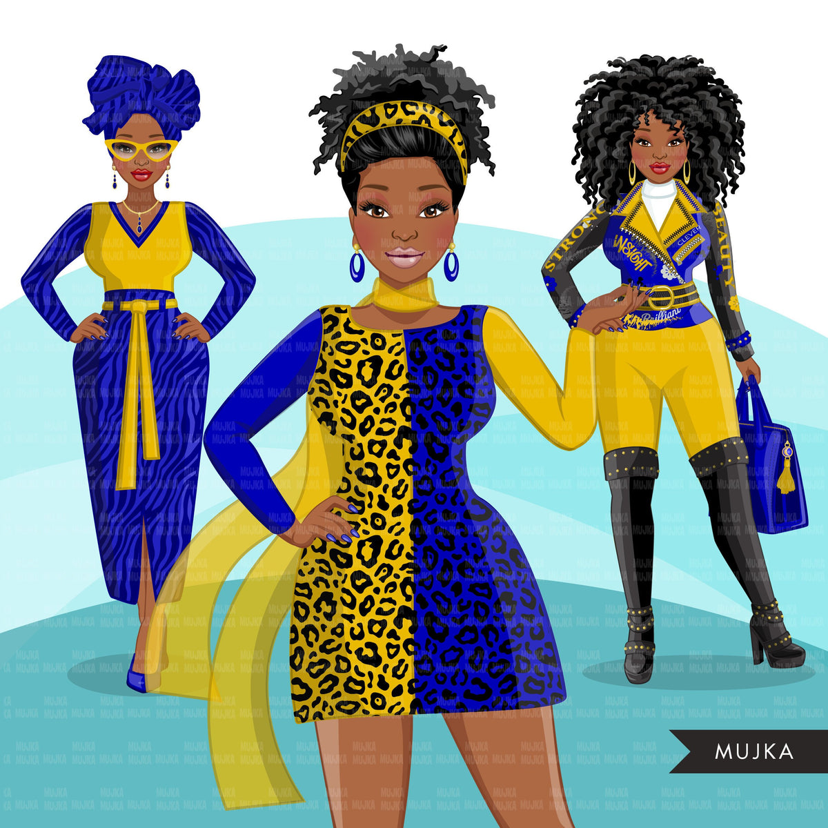 Fashion Clipart, Black Woman Graphics, Royal Blue Gold, Sisters, Frien 