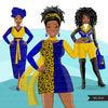 Fashion Clipart, Black woman graphics, royal blue gold, sisters, friends, sisterhood Sublimation designs for Cricut & Cameo, commercial PNG