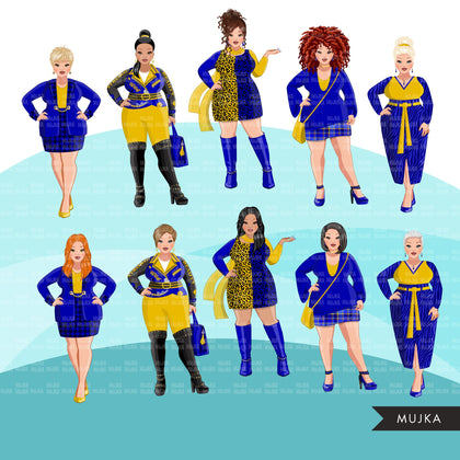 Fashion Clipart, curvy woman graphic, Royal blue gold, sisters, friends, sisterhood Sublimation designs for Cricut & Cameo, commercial PNG