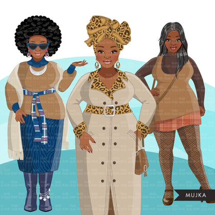 Fashion Clipart, curvy Black woman graphics, fall, sisters, friends, sisterhood Sublimation designs for Cricut & Cameo, commercial use PNG