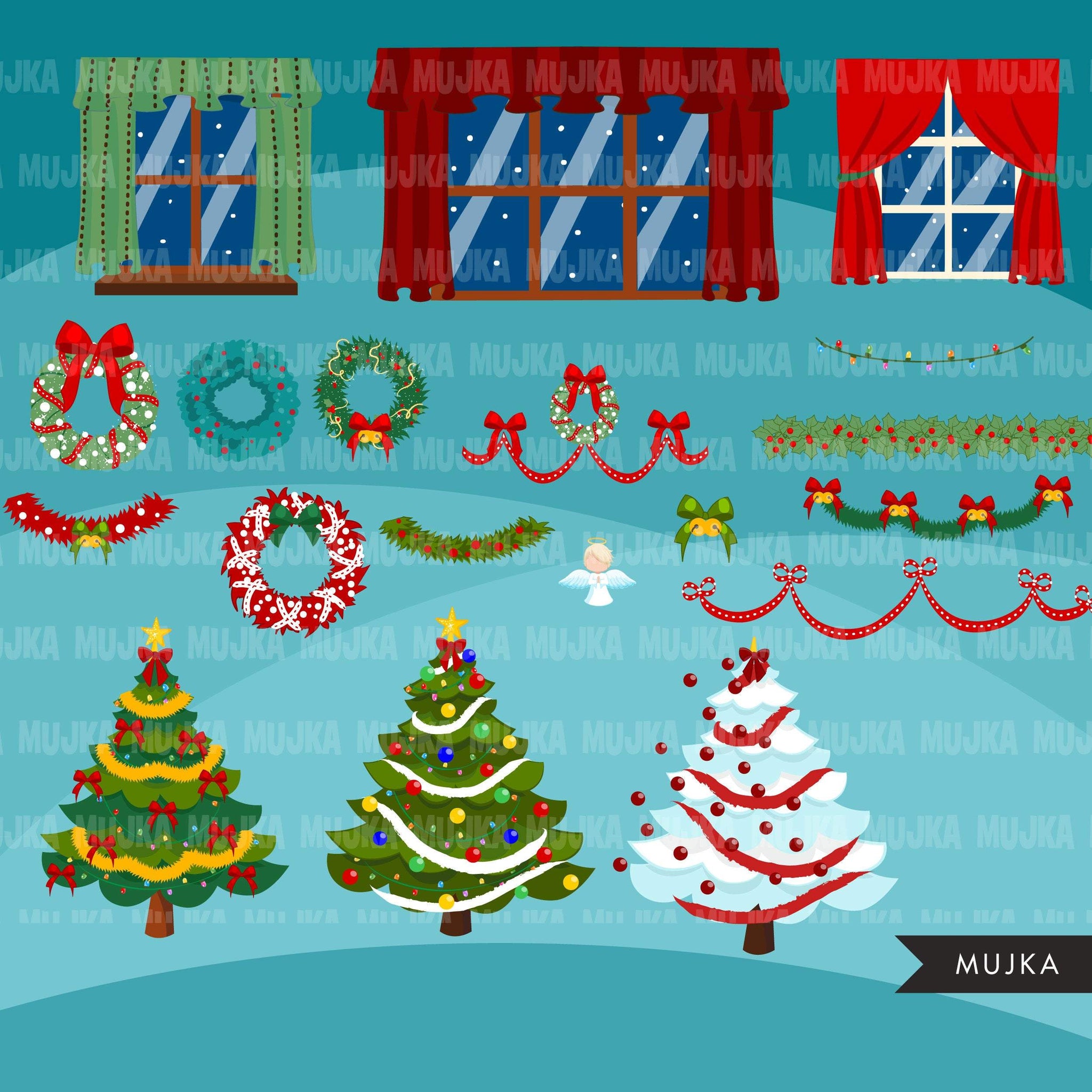 Christmas Clipart, Christmas living room creator, Christmas trees, fireplace, giftboxes png clip art, commercial use sublimation graphics