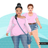 Clipart de moda, gráfico de mujer con curvas, rosa jean azul, hermanas, amigos, diseños de sublimación de hermandad para Cricut &amp; Cameo, uso comercial PNG