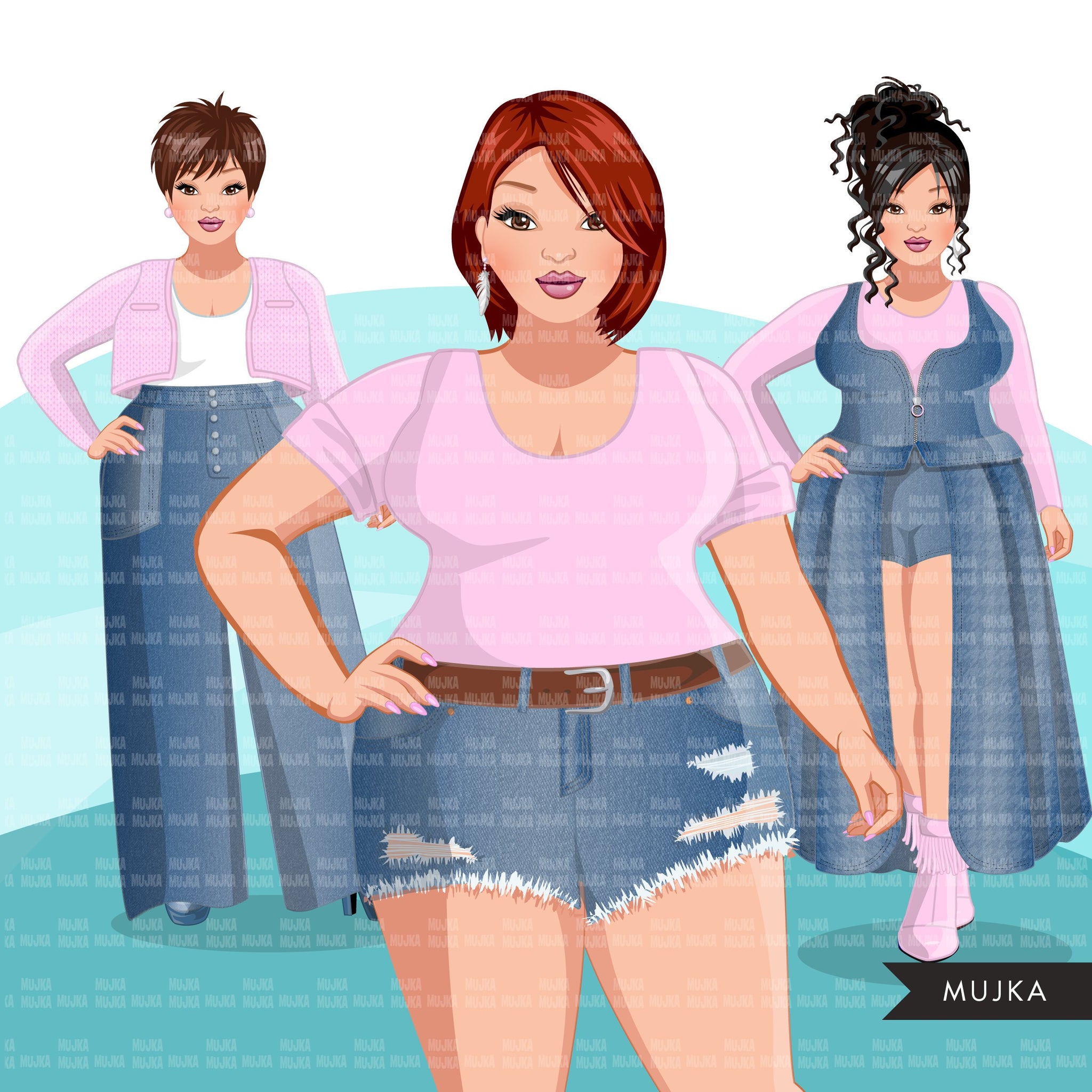 Fashion Clipart, curvy woman graphic, blue jean pink, sisters, friends, sisterhood Sublimation designs for Cricut & Cameo, commercial use PNG