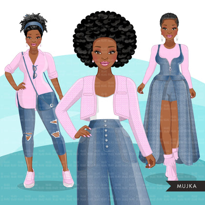 Fashion Clipart, Black woman graphics, blue jeans pink, sisters, friends, sisterhood Sublimation designs for Cricut & Cameo, commercial PNG