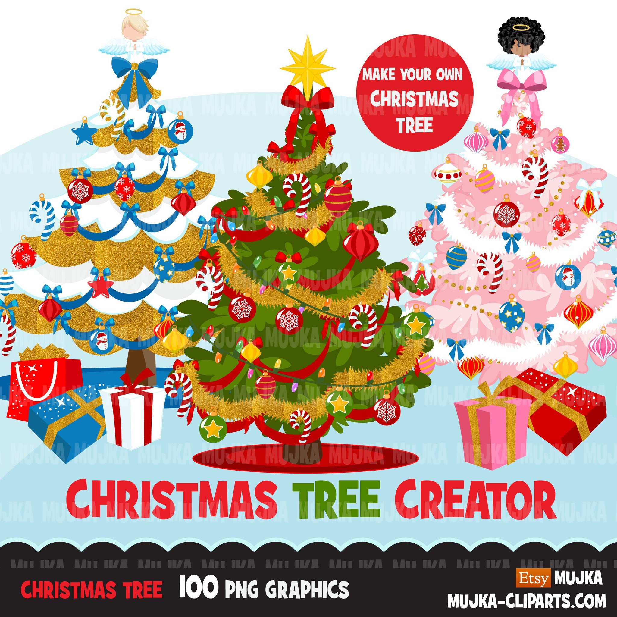 Clipart de árvore de Natal, criador de árvore de Natal, enfeites, caixas de presente png clip art, gráficos de sublimação de uso comercial