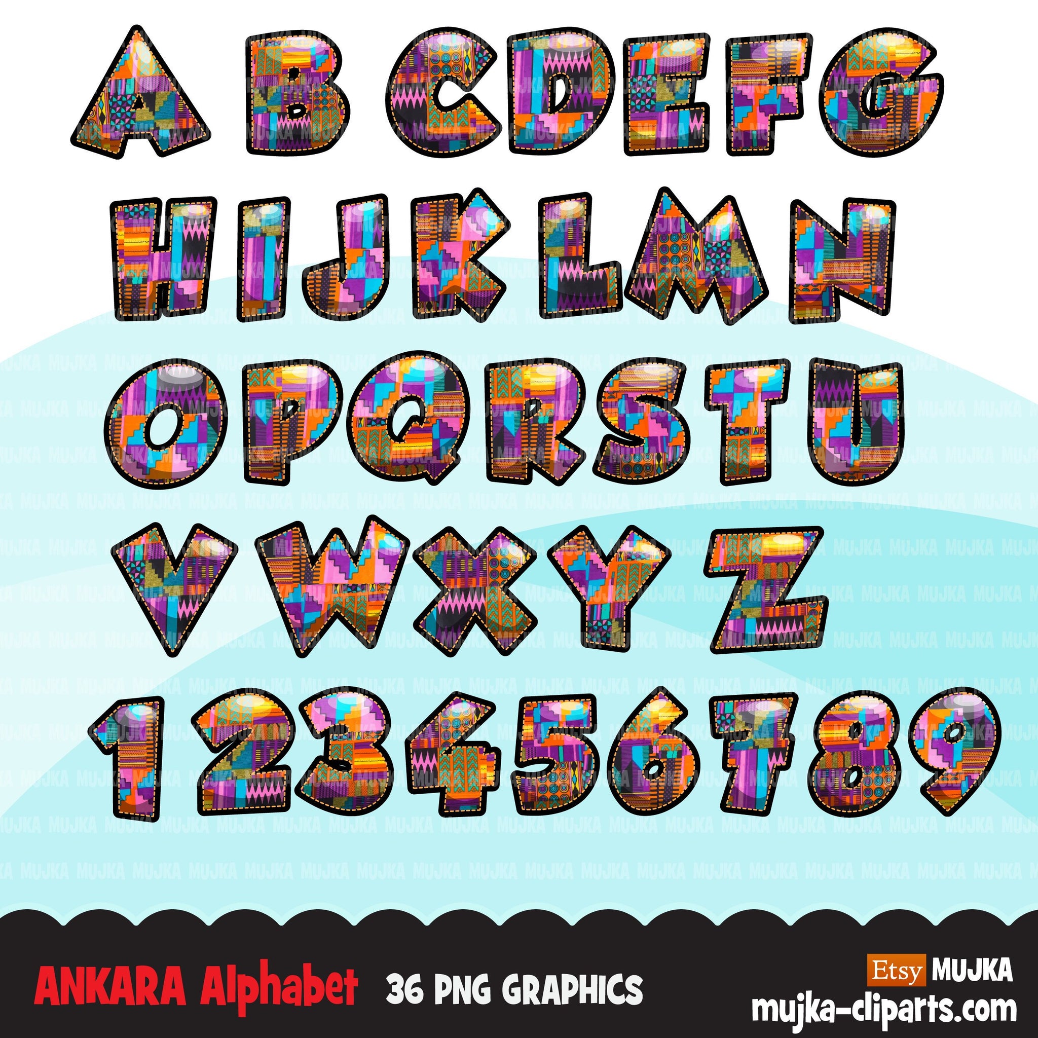 Ankara African Alphabet Clipart, apilable, letras de historia negra, imágenes prediseñadas de Kwanzaa, letras y números de tela kente, gráficos PNG