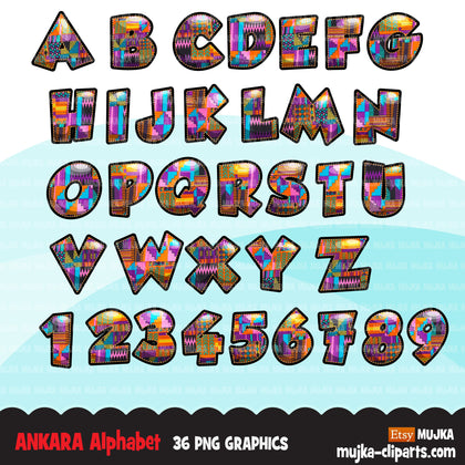 Ankara African Alphabet Clipart, stackable, black history letters, Kwanzaa clipart, kente fabric letters & numbers, PNG graphics