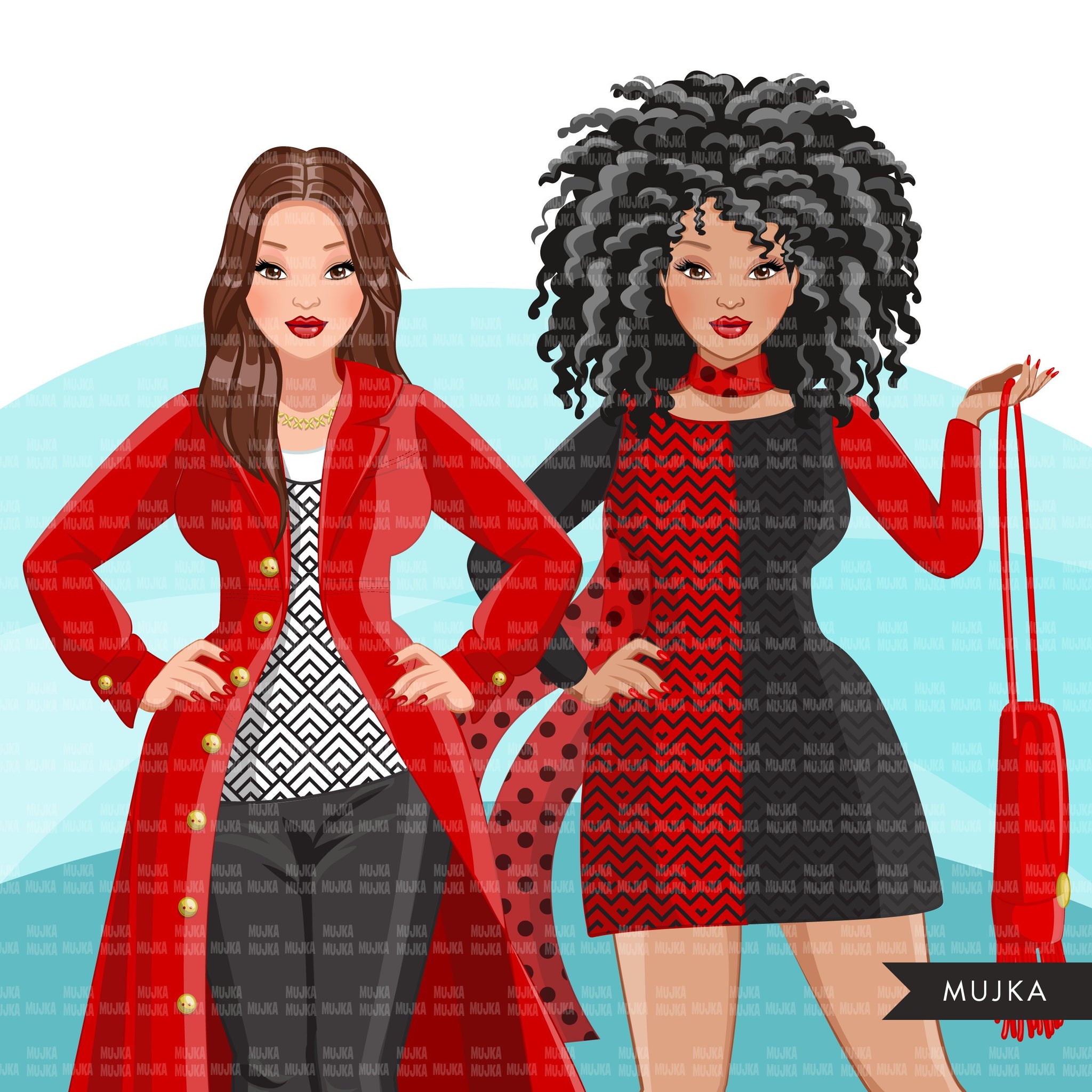 Fashion Clipart, woman red and black dress, sisters, friends, sisterhood Sublimation designs for Cricut & Cameo, commercial use PNG