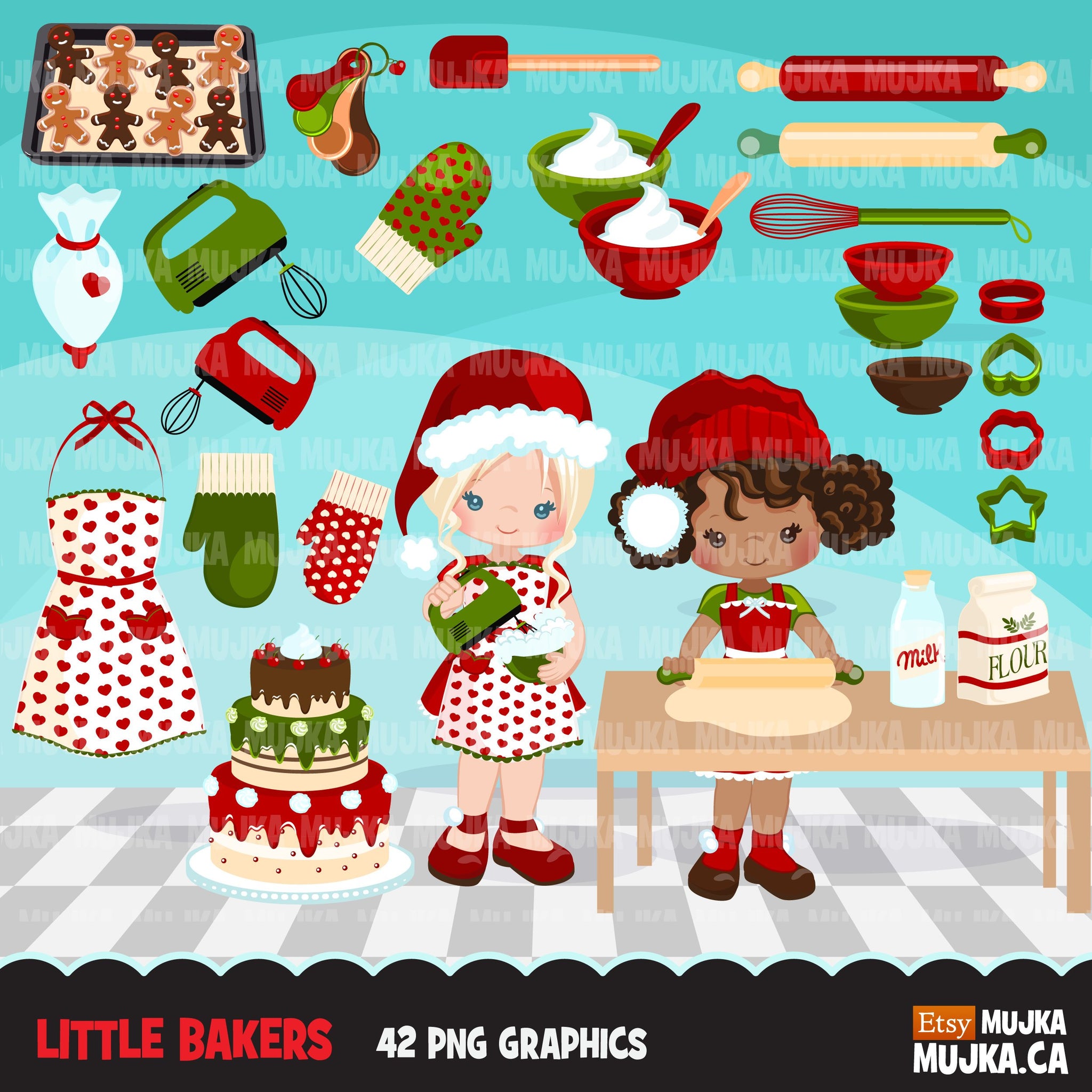 Baking Clipart Bundle, Christmas baking, kitchen party, black boy, black girl, party boys & girls clip art commercial use PNG graphics