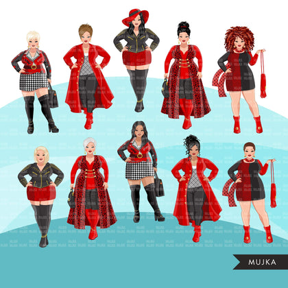 Fashion Clipart, curvy woman red and black dress, sisters, friends, sisterhood Sublimation designs for Cricut & Cameo, commercial use PNG