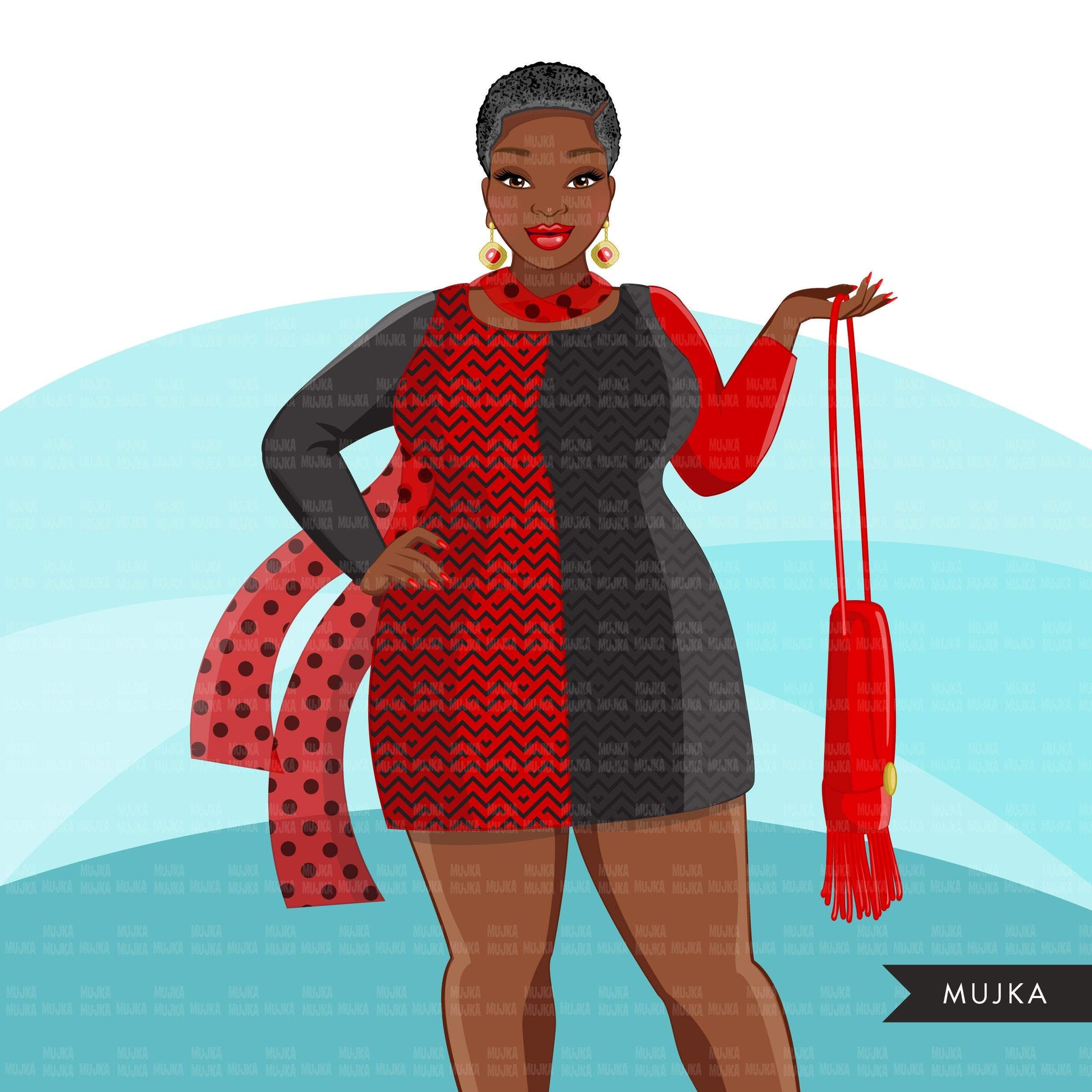 Fashion Clipart, Black curvy woman, black red dress, sister, friends, sisterhood Sublimation design for Cricut & Cameo commercial use PNG