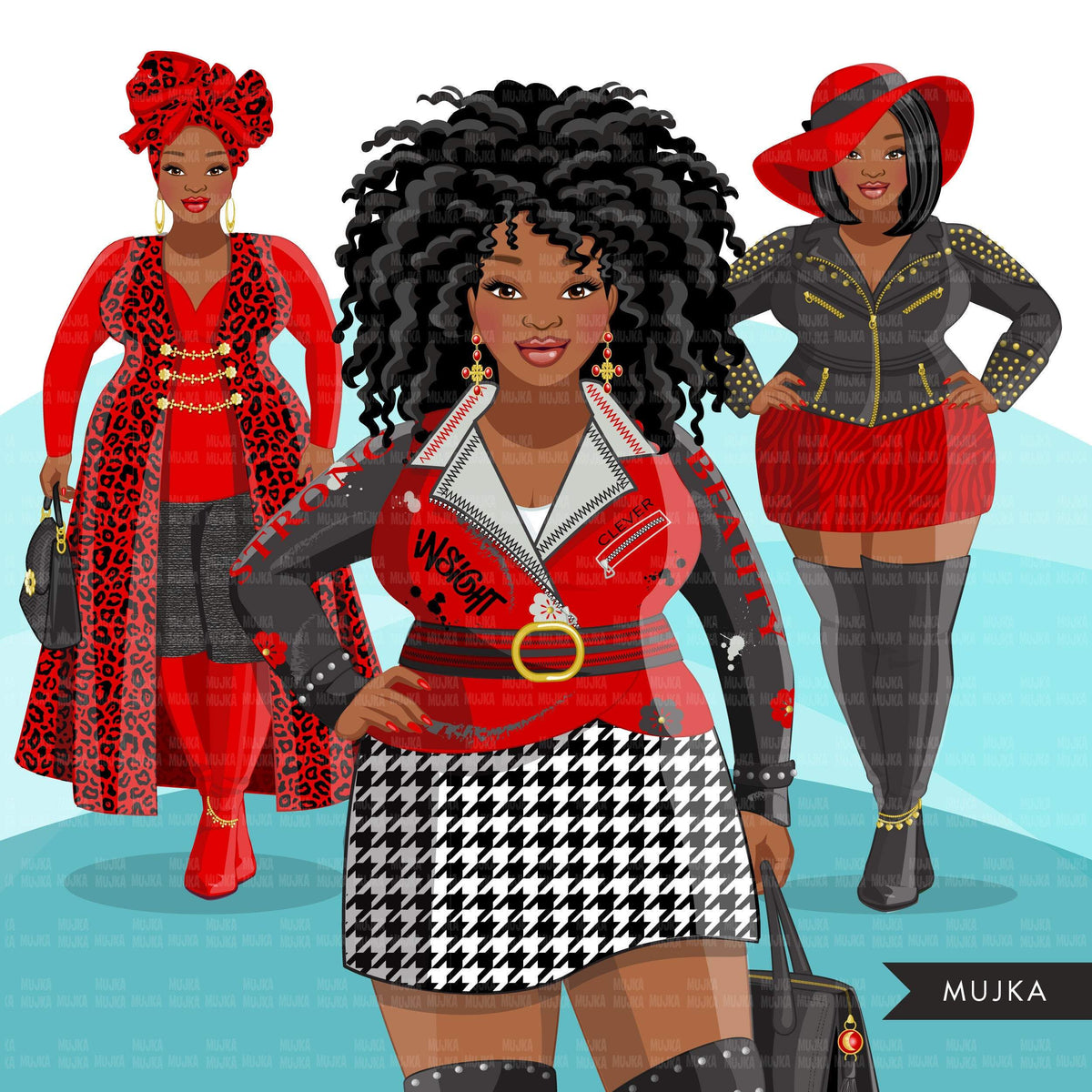 Fashion Clipart, Black curvy woman, black red dress, sister, friends ...