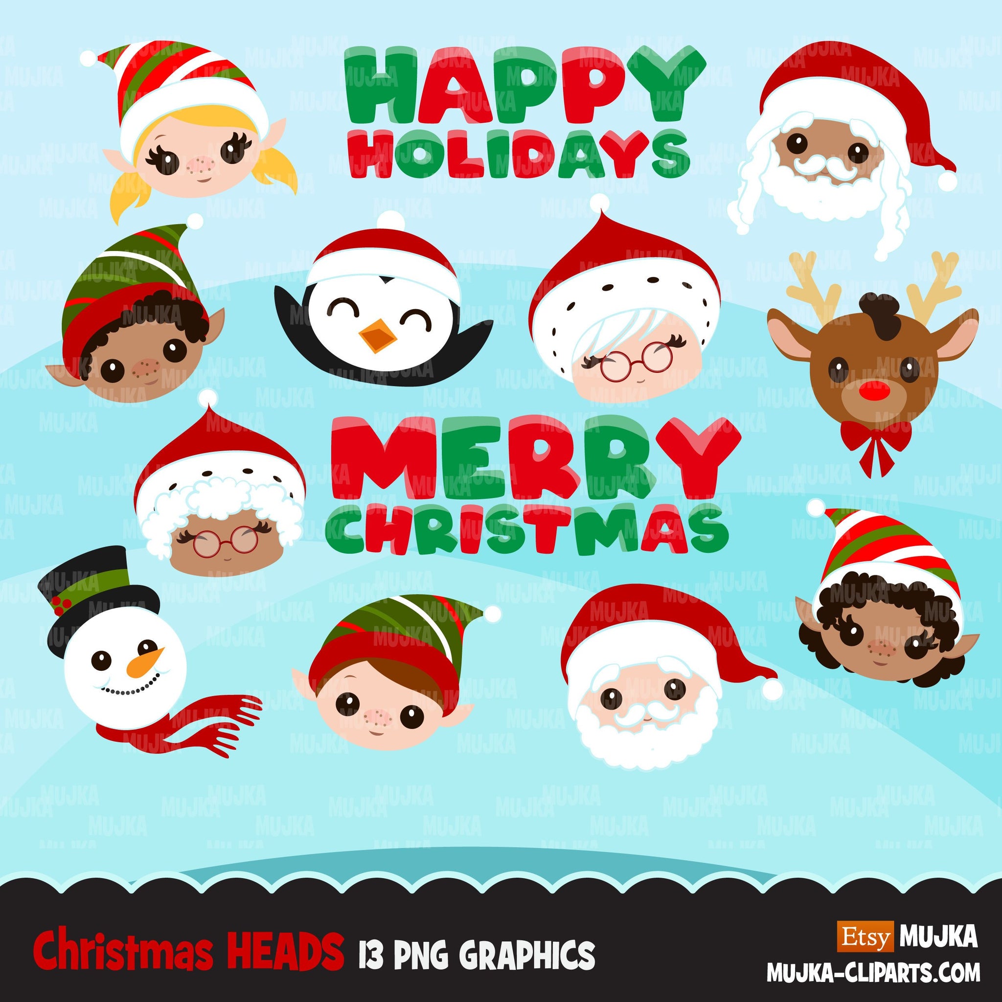 Christmas Clipart, Christmas heads, black santa, Mrs Santa, elves, Rudolph, Noel graphics, Holiday characters, png sublimation clip art
