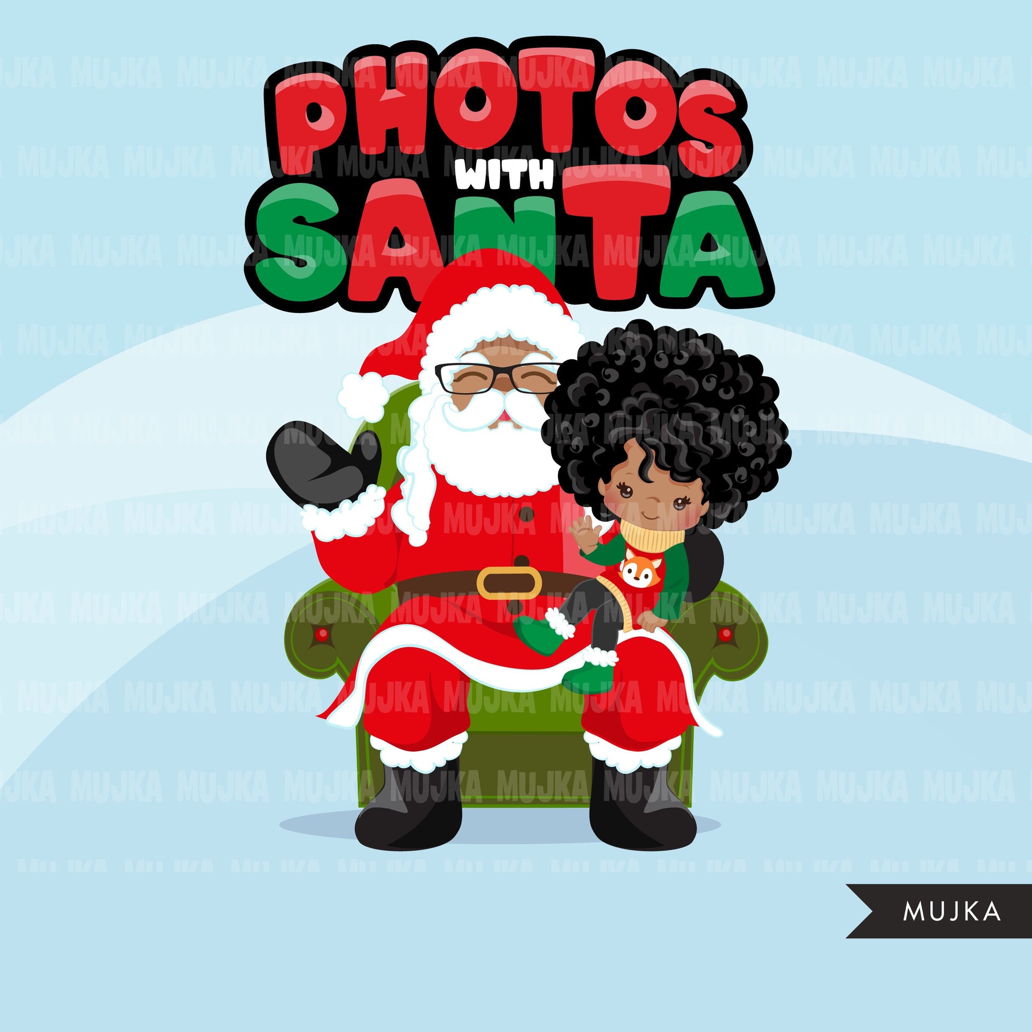 Christmas Clipart, Photos with Black Santa, Sitting Santa, Christmas Black kids, Noel graphics, Holiday characters, png sublimation clip art