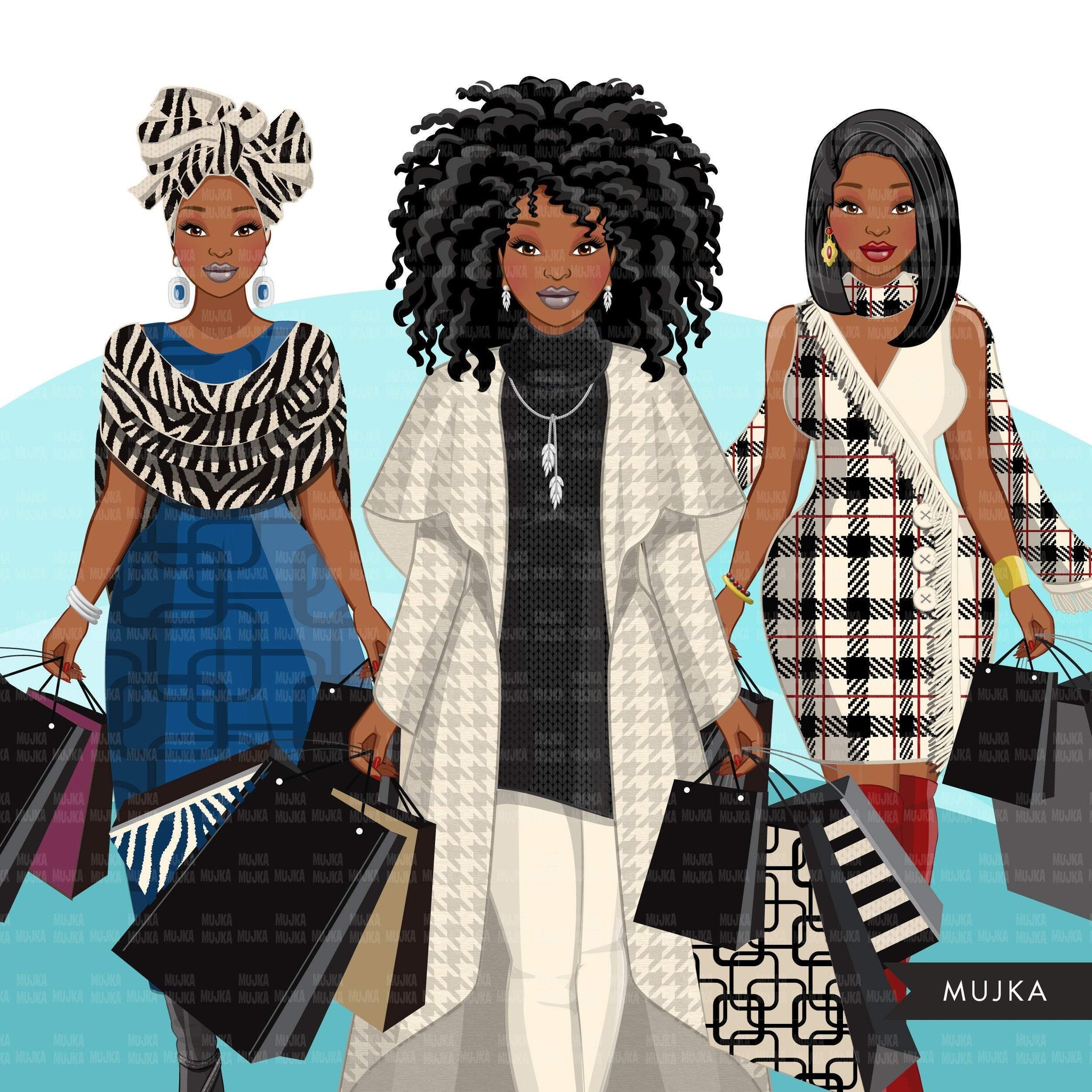 Fall Fashion Graphics, Black Woman shopping, afro woman, sisters, friends Sublimation designs for Cricut & Cameo, commercial use PNG clipart