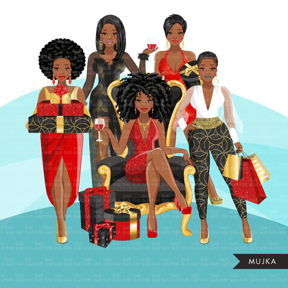 Fashion Clipart, Christmas glam party, black woman, sisters, friends, sisterhood Sublimation designs for Cricut & Cameo, commercial use PNG