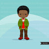 Christmas Clipart, black boy christmas outfit, Noel graphics, Holiday afro characters, png sublimation digital clip art