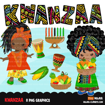 Kwanzaa Clipart, African culture, African holiday, heritage graphics, Kwanzaa black girls png sublimation clip art, black history