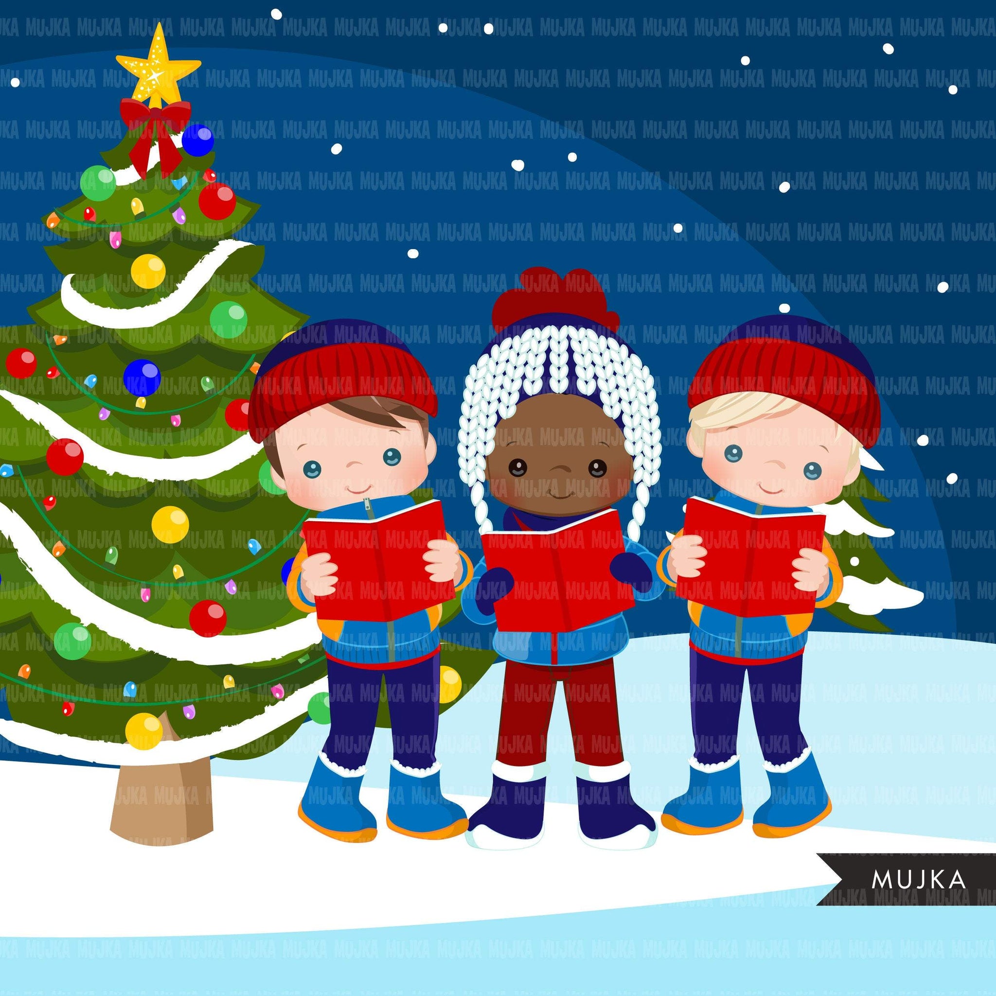 Christmas Carol clipart, Christmas caroler boy, black boy, Christmas tree, holiday png clip art, commercial use sublimation graphics