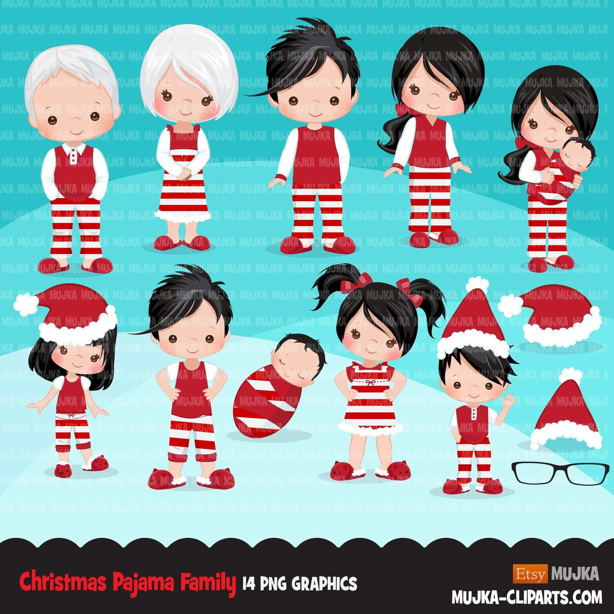 Paquete de imágenes prediseñadas de pijama de Navidad, ilustraciones de Noel, familia de pijamas, gráficos de uso comercial, crea tu propia familia, clip art de sublimación Png