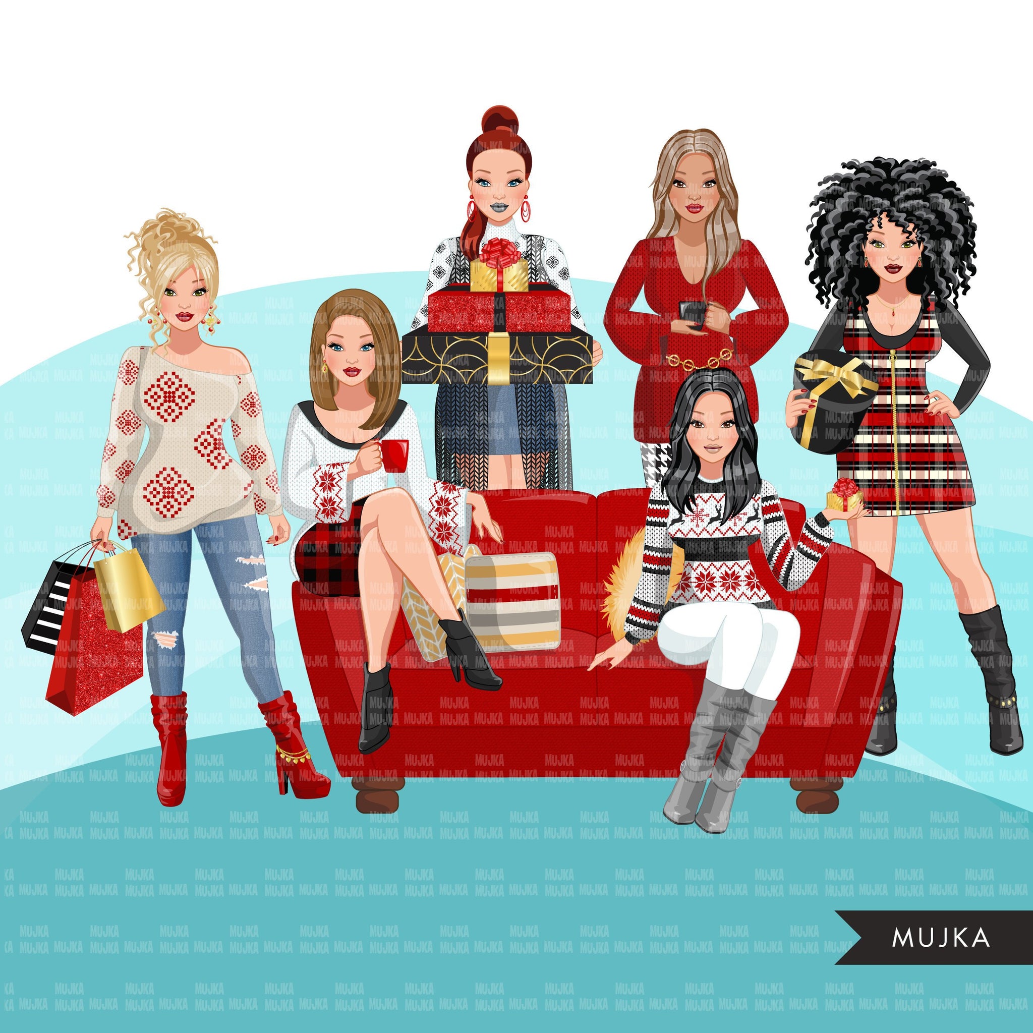 Fashion Clipart, Christmas party, sisters, friends, sisterhood Sublimation designs for Cricut & Cameo, commercial use PNG