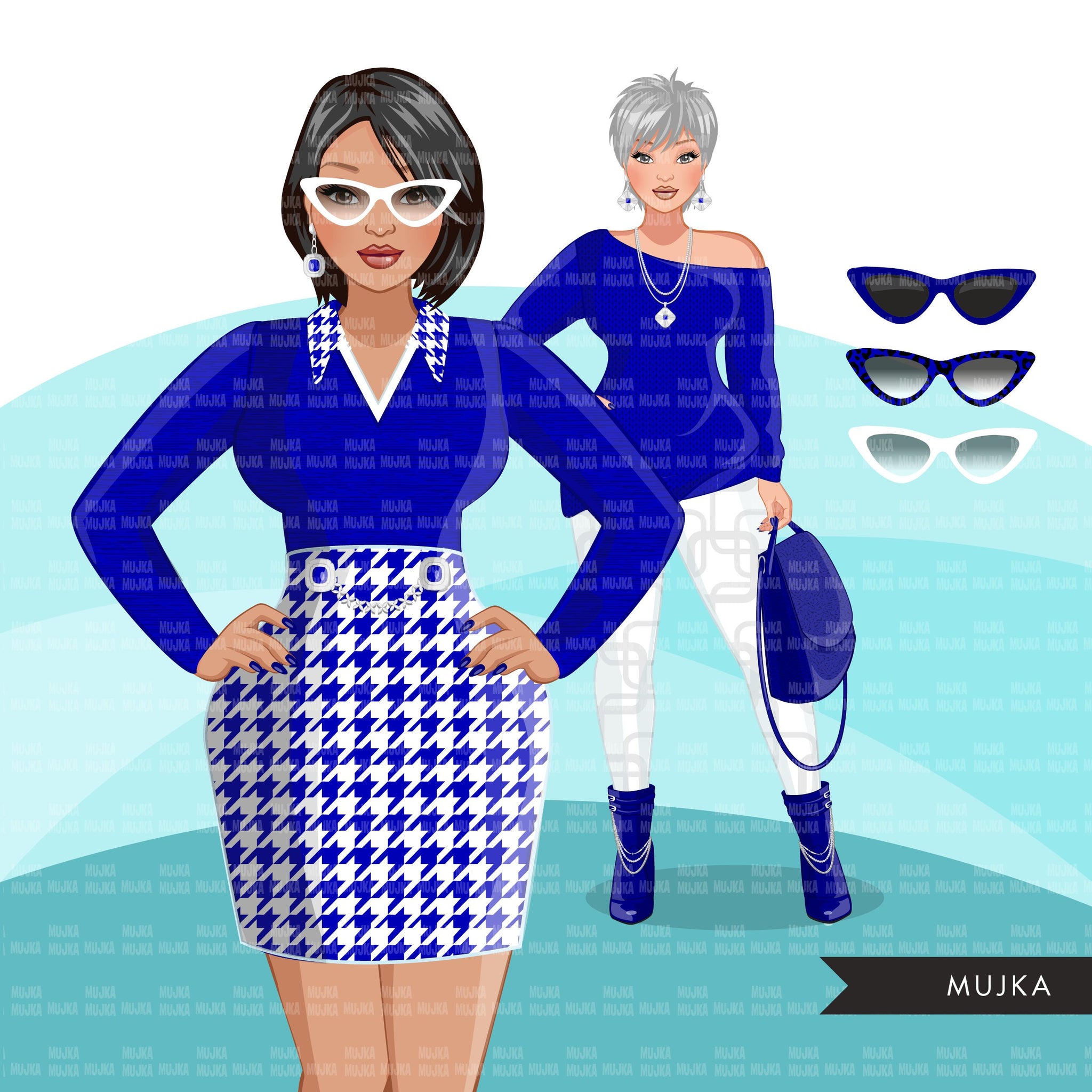 Fashion Clipart, woman graphic, Royal blue white, sisters, friends, sisterhood Sublimation designs for Cricut & Cameo, commercial use PNG