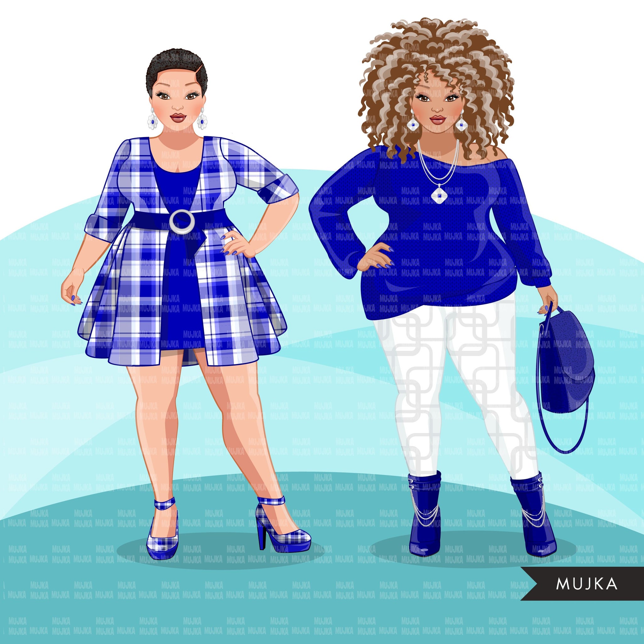 Fashion Clipart, curvy woman graphic, Royal blue, sisters, friends, sisterhood Sublimation designs for Cricut & Cameo, commercial use PNG