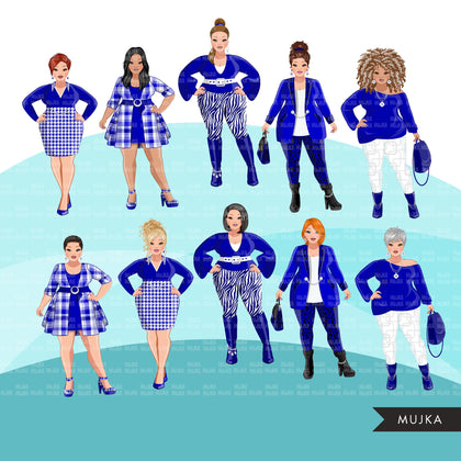 Fashion Clipart, curvy woman graphic, Royal blue, sisters, friends, sisterhood Sublimation designs for Cricut & Cameo, commercial use PNG