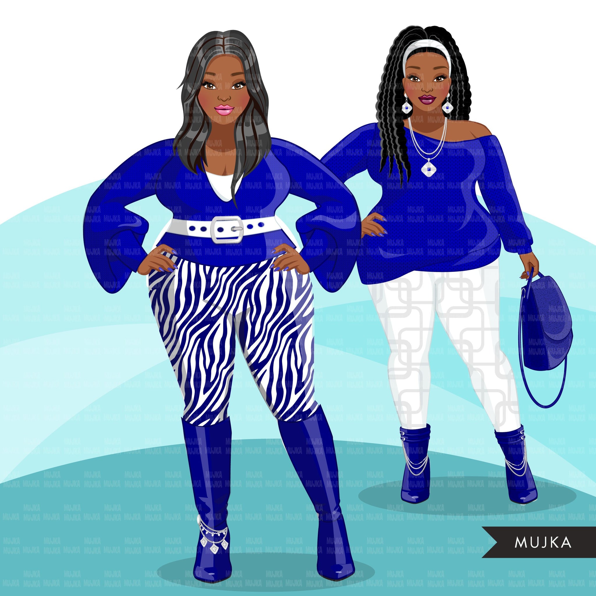Fashion Clipart, Curvy Black woman graphics, royal blue, sisters, friends, sisterhood Sublimation designs for Cricut & Cameo, commercial PNG