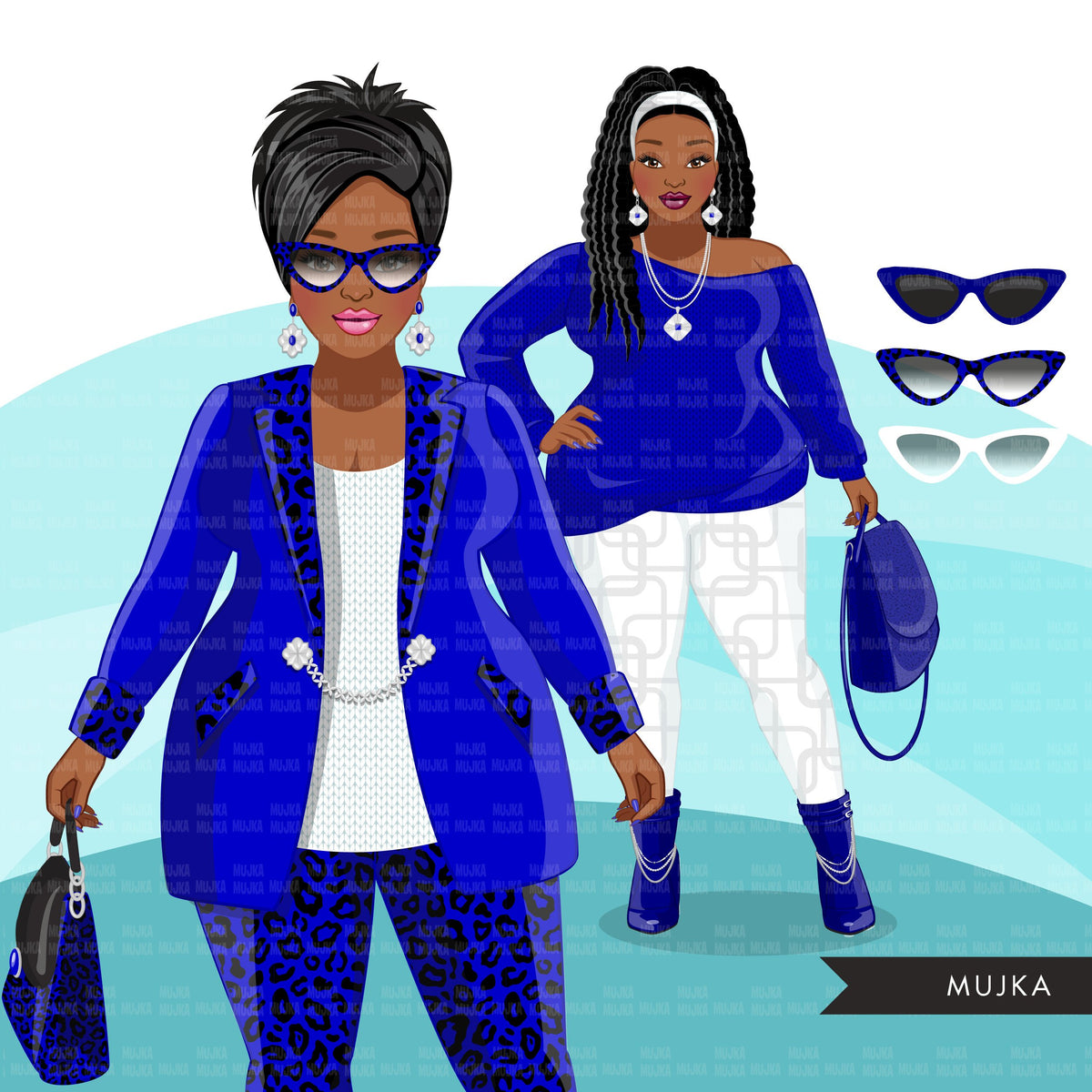 Fashion Clipart, Curvy Black woman graphics, royal blue, sisters, frie ...